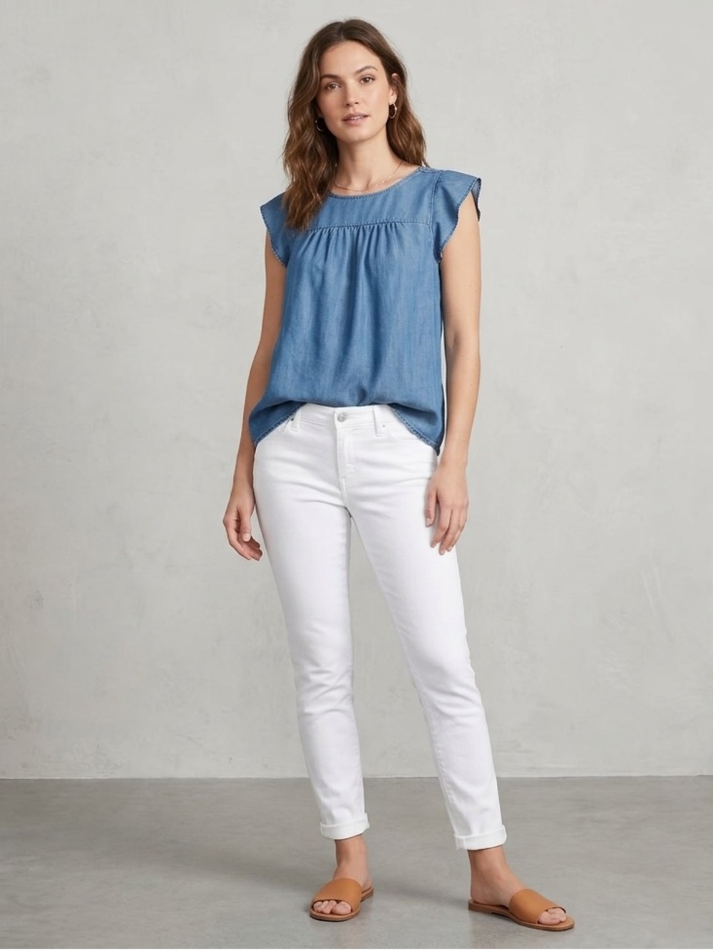 LOFT Blue Chambray Sleeveless Peasant Top Sz SP Petite Small